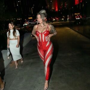 Red and White Rhinestone Jumpsuit & Gloves